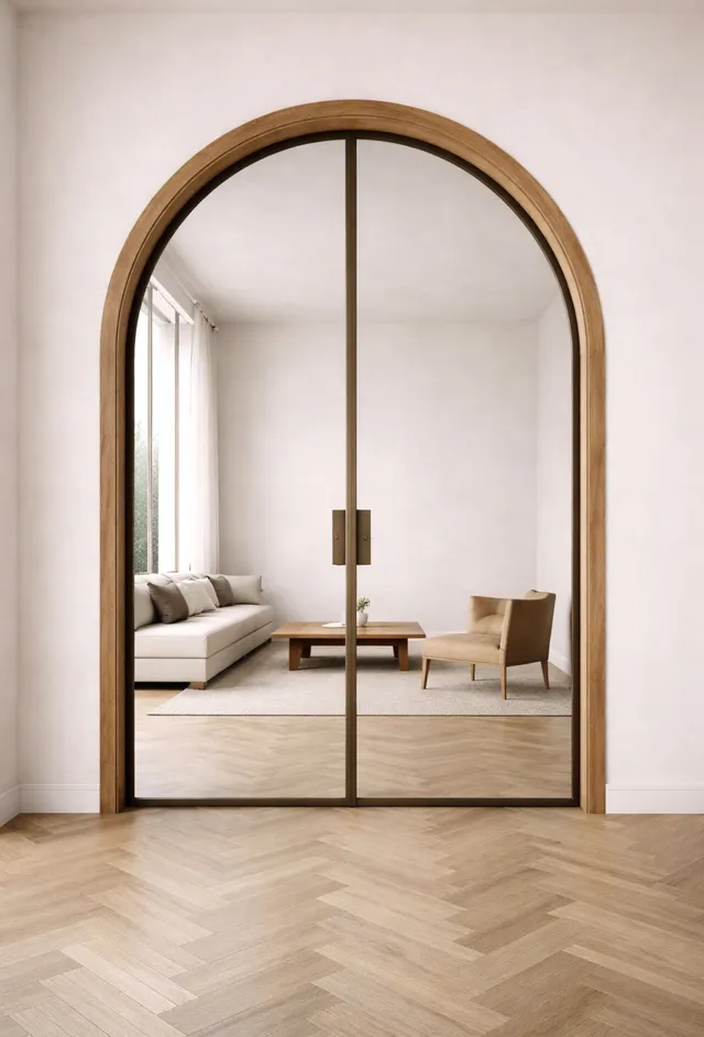 Wood-framed arched doorway with glass doors opening into a living room