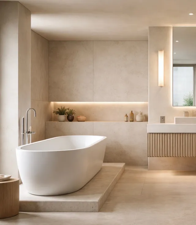 Spa-style bathroom with a freestanding tub on a raised stone platform