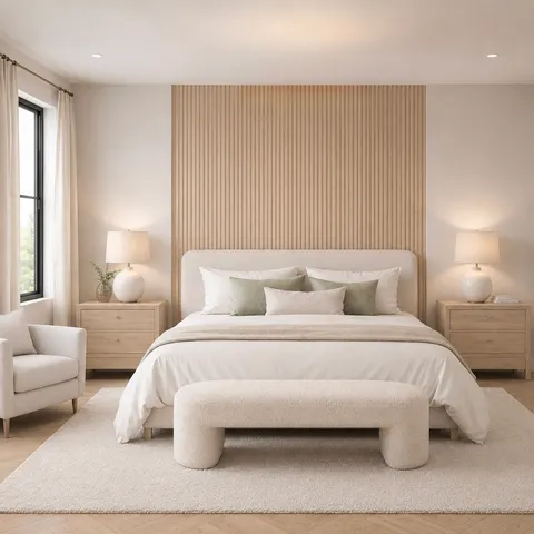 AI-generated bedroom render in a soft neutral palette