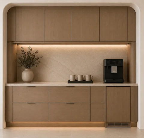 Finished color render of the arched coffee-bar and pantry nook
