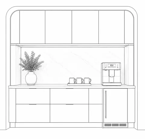 Line-drawing sketch of an arched coffee-bar and pantry nook