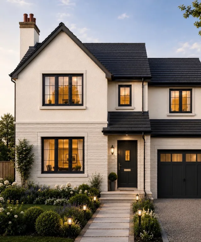 Twilight exterior photo of a UK new-build-style house with white render, black windows, and a black garage door