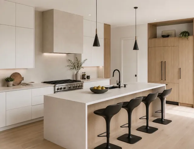 Minimalist white and oak kitchen with black molded bar stools