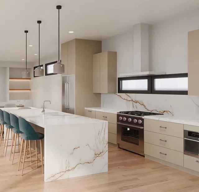 Kitchen with a marble waterfall island and teal upholstered barstools