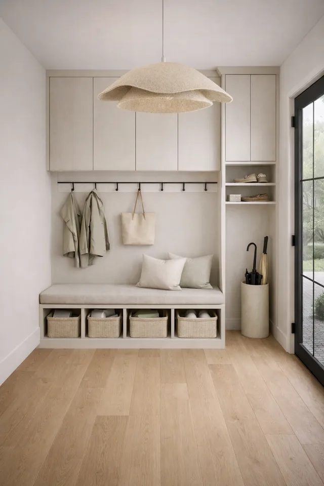 Mudroom with a built-in bench, woven storage baskets, and coat hooks