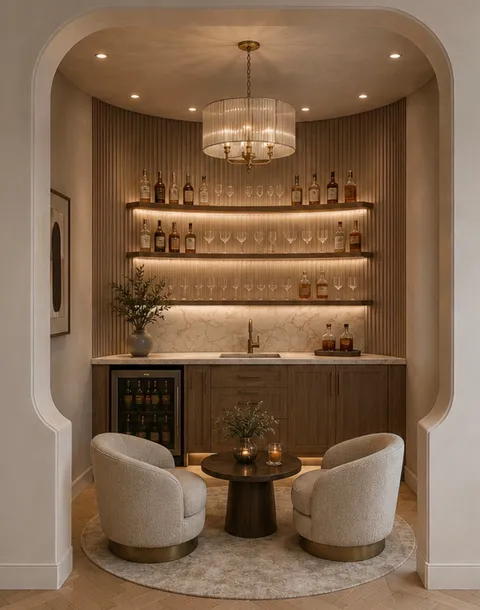 Finished color render of the arched wine and bar lounge nook, believed to be the Speakeasy project