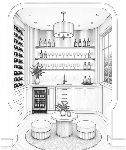 Line-drawing sketch of an arched wine and bar lounge nook with wingback chairs